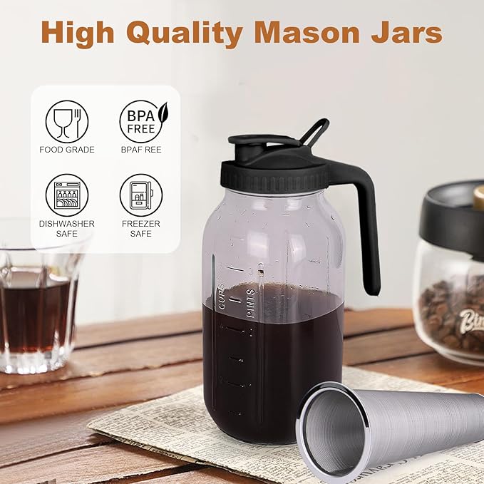 QHH Cold Brew Coffee Maker, 64 oz Mason Jar Pitcher with Stainless Steel Filter, Pour Spout Handle Lid, Airtight & Leak-Proof for Iced Coffee,Tea & Lemonade