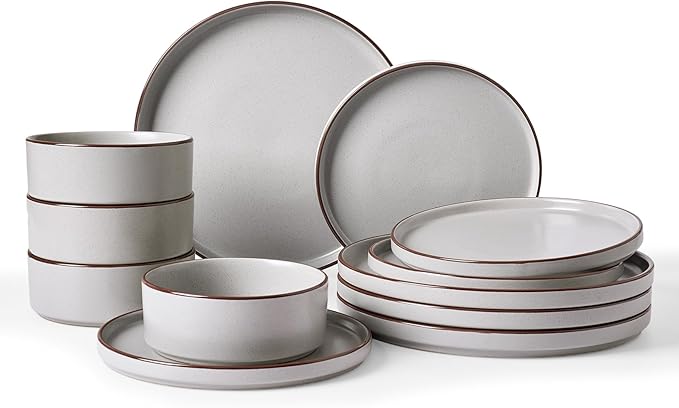 Famiware Nebula Ridge 12-Piece Stoneware Dinnerware Set, Light Gray
