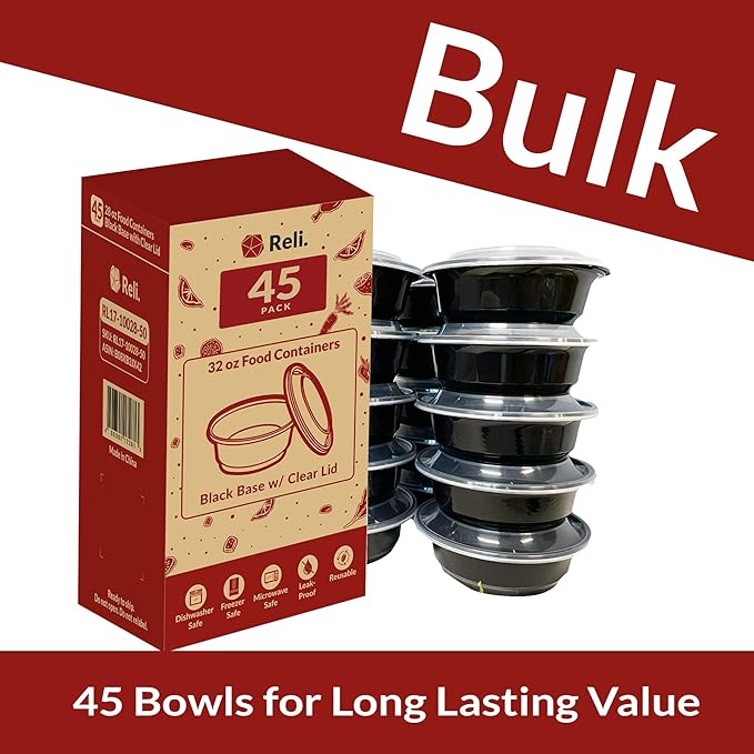 Reli. Meal Prep Container Bowls w/Lids, 32 oz. | 45 Pack | Black