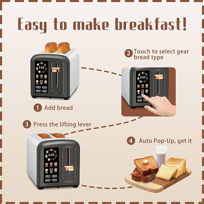 SEEDEEM 2-Slice Touchscreen Toaster, Stainless, 7 Shade, 1350W, Grey