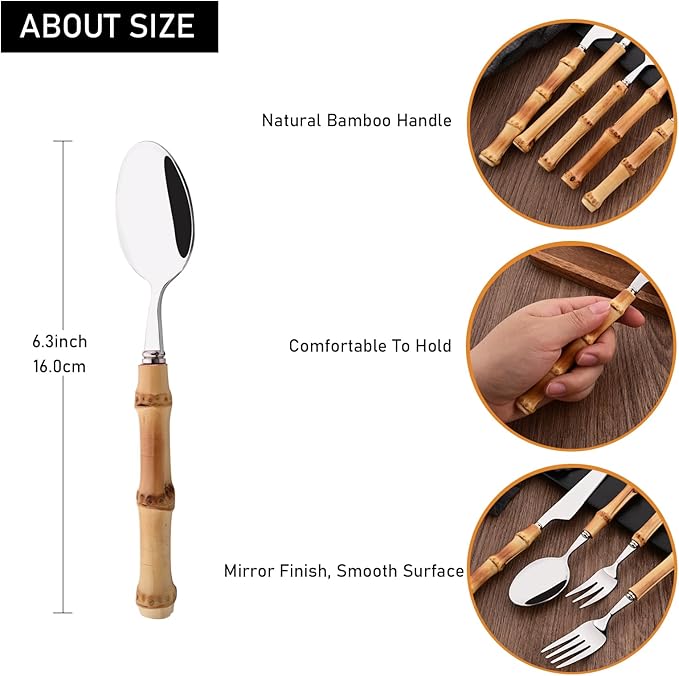 Uniturcky Dessert Spoon Set with Bamboo Handle, 8-Piece Stainless Steel Shiny Silver Dessert Spoon, Natural Bamboo Cutlery, Creative Design Small Spoons for Home Restaurant, 6.65 inch, Handcrafted