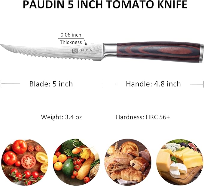 PAUDIN Tomato Knife, 5 inch Serrated Tomato Knife with Sheath