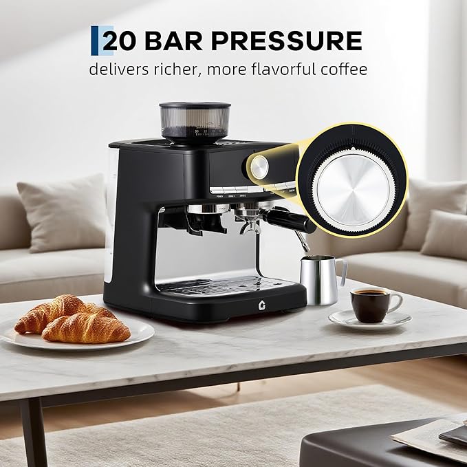 Garvee 20 Bar Pressure Stainless Steel Espresso Machine with Grinder, 1.5L Removable Water Tank, Milk Frother Steam Wand for Latte/Cappuccino - Adjustable Shot Volume, Professional Home/Office Use