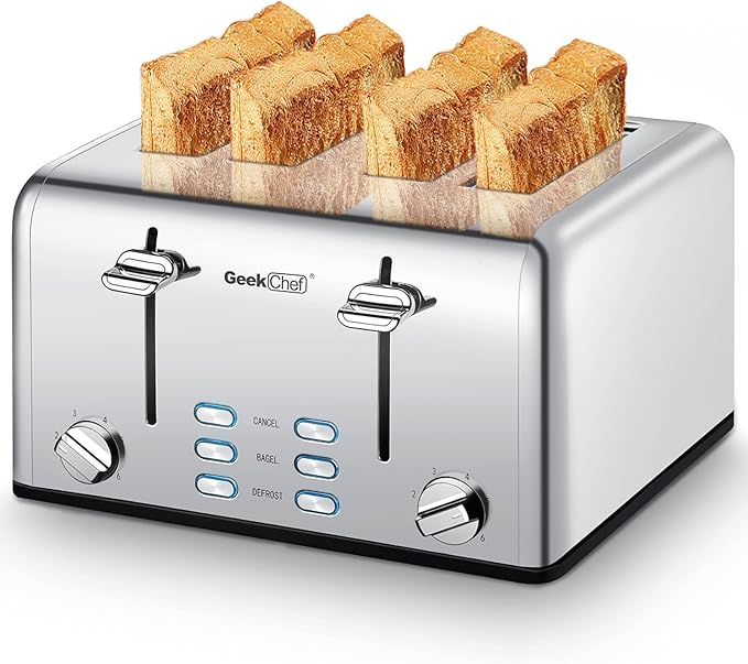 Toaster 4 Slice, Geek Chef Stainless Steel Extra-Wide Slot Toaster with Dual Control Panels of Bagel/Defrost/Cancel Function, 6 Toasting Bread Shade Settings, Removable Crumb Trays, Auto Pop-Up