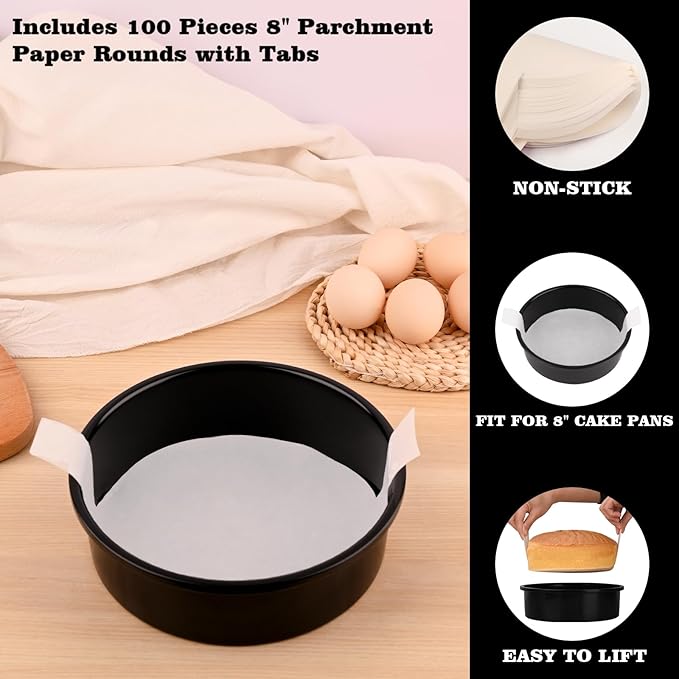 HUAKENER 8 Inch Cake Pan, 3Pcs Round Cake Pan with Parchment Paper