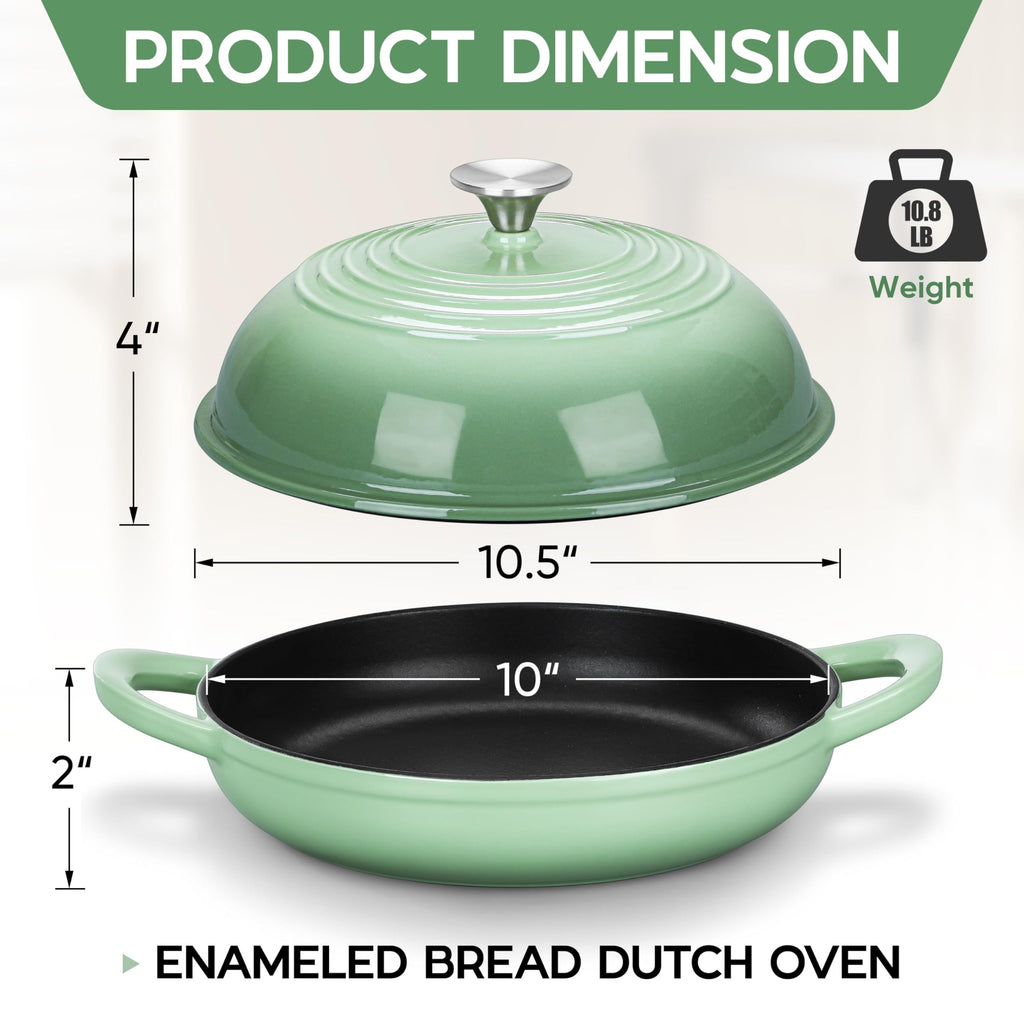 E-far Dutch Oven for Sourdough Bread Baking, 6 Qt Round Enameled Cast Iron Dutch Oven for Homemade Artisan Bread, Dome Lid & Shallow Base, Matte Black Interior & Durable, Oven-Safe to 500℉, Green
