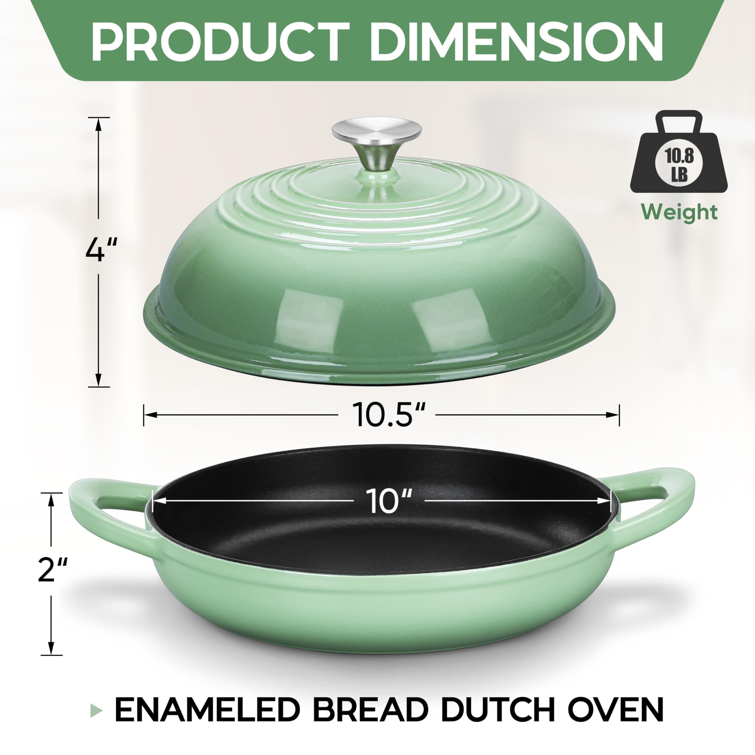E-far Dutch Oven for Sourdough Bread Baking, 6 Qt Round Enameled Cast Iron Dutch Oven for Homemade Artisan Bread, Dome Lid & Shallow Base, Matte Black Interior & Durable, Oven-Safe to 500℉, Green