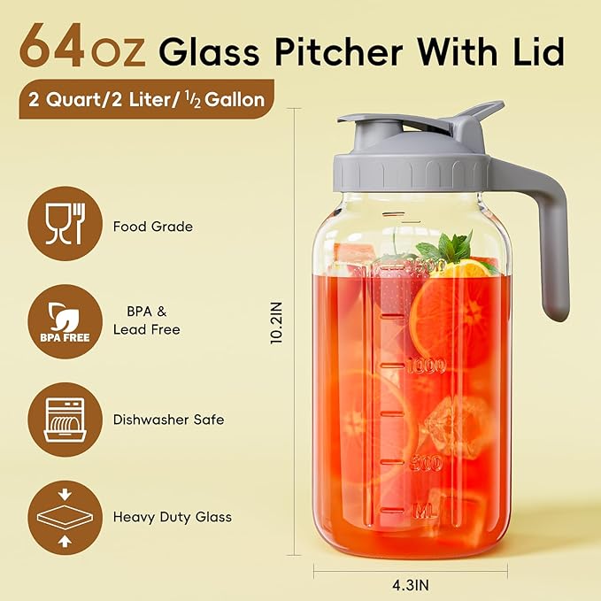 JunVpic Glass Pitcher with lid, 64 oz Wide Mouth Mason Jar