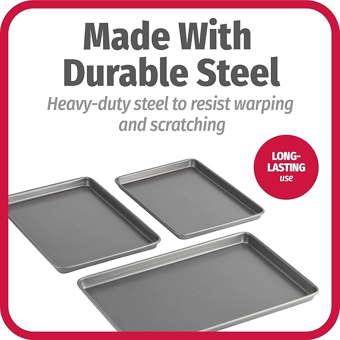 GoodCook Everyday Nonstick Baking Sheet Set, 3 Pack Includes Small (13×9) Medium (15×1) and Large (17×11) Pans Carbon Steel Construction Cookie Sheets Bakeware Set, Gray