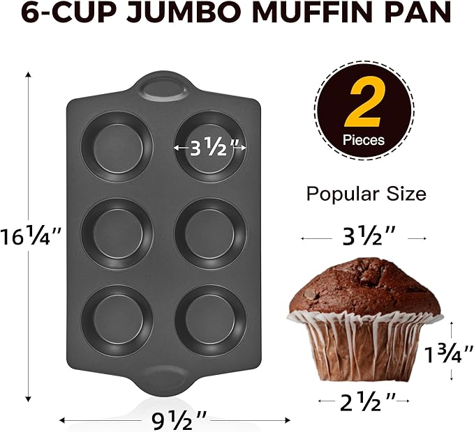HONGBAKE Nonstick Jumbo Muffin Pan, 2 Pack Large Cupcake Tin with 120pcs Muffin Liners, Cup Cake Tray for Baking, 3.5dia, 6 Cup, Premium, Extra Thick