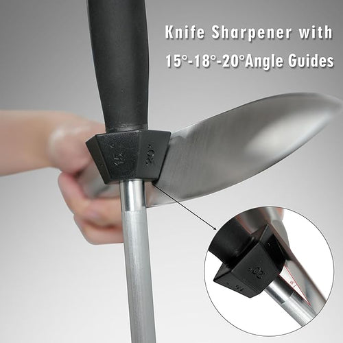 10-Inch Knife Sharpening Rod, Honing Steel with 15/18/20 Degree Guides
