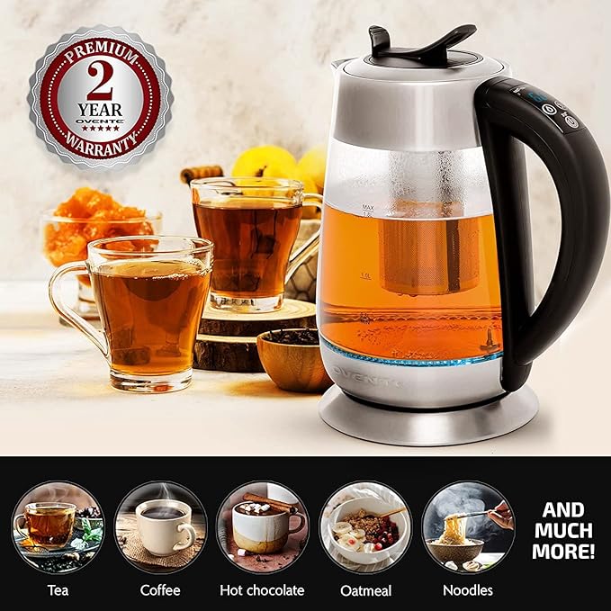 OVENTE 1.8L Glass Electric Kettle with Tea Infuser, Silver KG6610S