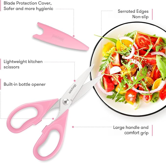 iBayam Pink Kitchen Scissors All Purpose Heavy Duty & Comfort Grip & Cover