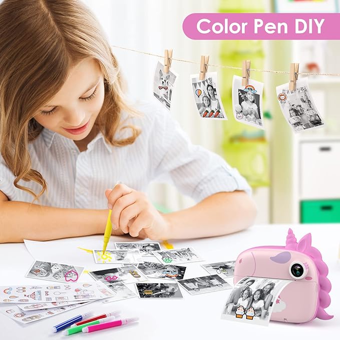 HiMont Kids Camera Instant Print, Selfie Digital Camara for Kids with Print Paper & 32G Card, 2.5K Video & Instant Print Camera with Color Pens for DIY, Fun Gift for Girls Boys 3-12 Years Old (Pink)
