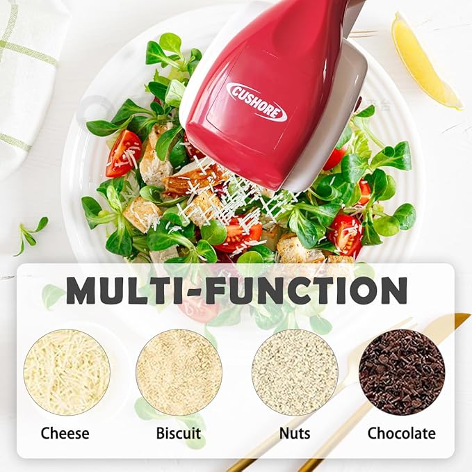 Cushore Electric Hard Cheese Grater, Model CES03D, Red, Stainless Steel, Automatic, Cordless, 3 Interchangeable Blades, Easy to Clean