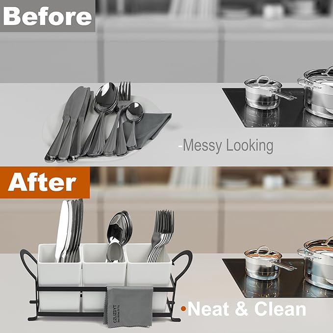 Czlizdyt Cutlery Holder with Drain Holes, Silverware Caddy for Party Countertop, 3pcs Bins Set Utensil Holders for Spoon and Fork, White