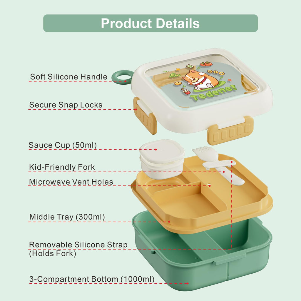 SAYAPE Bento Box for Kids & Adults – Cute Cartoon 2-Layer Lunch Box with Fork, Sauce Cup & Brush, BPA-Free, 3-Compartment Square Snack Container with Handle for School, Office, or Travel (Green)