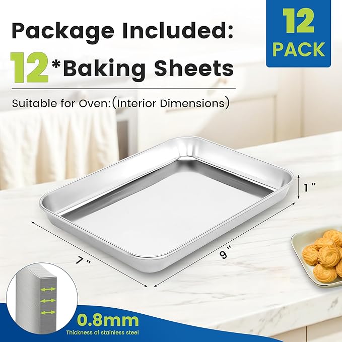 BIEAMA 12 Pack Stainless Steel Toaster Oven Baking Sheets, 9 x 7 in