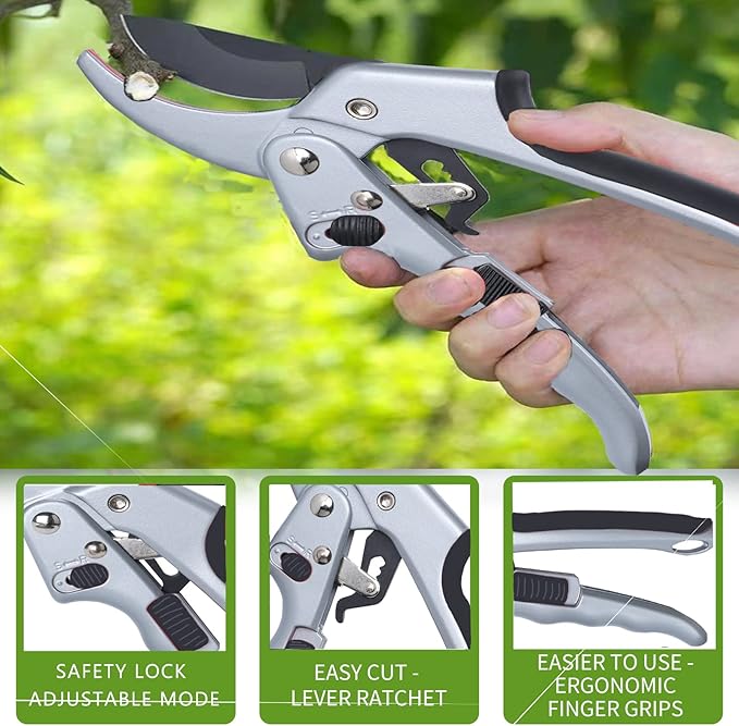 MEPEREZ Garden clippers, premium Germany pruners, Work 3 times easier, professional ratchet pruning shears, cutting rose, flower, hedge, stem, tree, Sharp gardening scissors, Arthritis weak hand snips