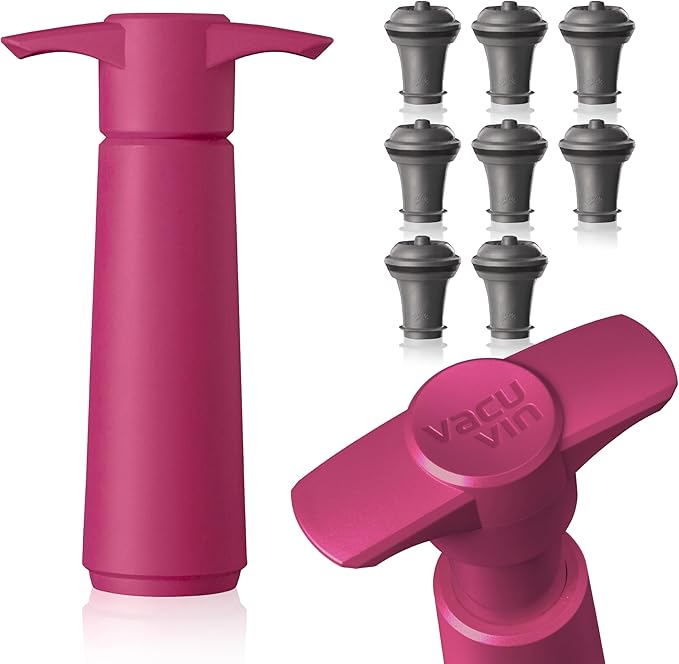 Vacu Vin Original Saver Wine Bottle Stopper – With 8 Vacuum Stoppers – Preserver Wine Stopper with Pump for Red or White Wine – Wine Accessories to Keep Wine Fresh – Airtight Seal Stoppers – Pink