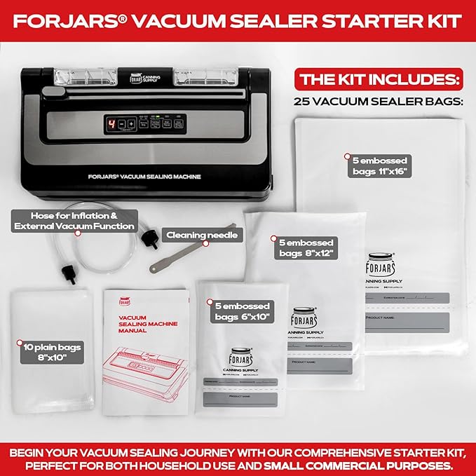 FORJARS Food Vacuum Sealer Machine with 20 Bags, High-Speed, Multi-Functional, Automatic Sealing for Dry and Wet Storage, Freshness Saving for Your Food, Perfect for Sous Vide Cooking and Kitchen Use