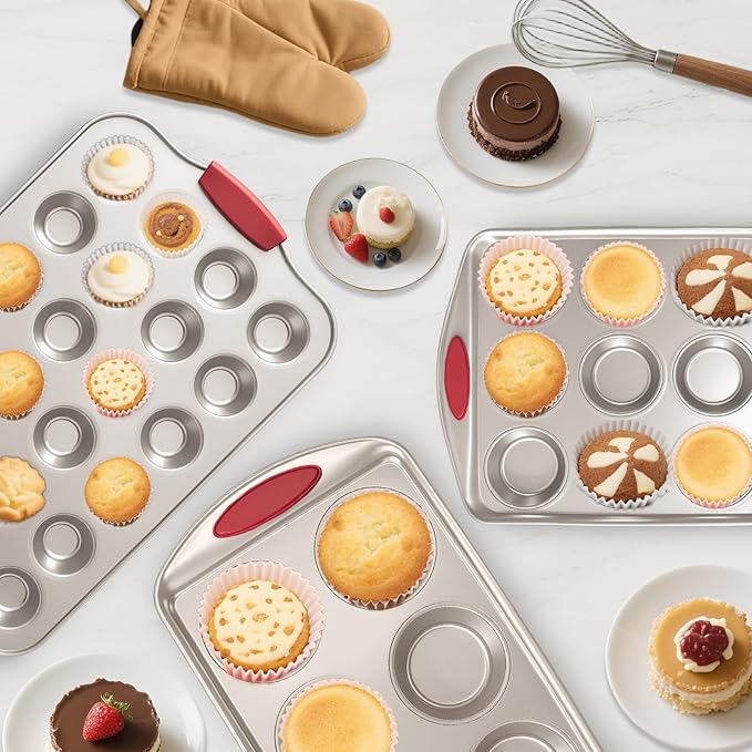 Shinsin 24 Cup Mini Cupcake Pan with Silicone Handles, Non-Stick Mini Muffin Pan, Baking Molds for Mini Cupcakes, Muffins, Quiches, Carbon Steel Mini Baking Pan, Dishwasher Safe (2 Pack)