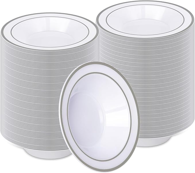 BESTVIP 200 Pack Plastic Bowls with Silver Rim