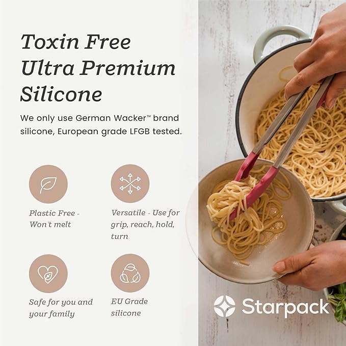 Starpack Get a Grip Silicone Kitchen Tongs (2-Pack, 9" + 12") - LFGB Non Toxic, 600°F Heat Resistant, BPA-Free - Heavy-Duty Stainless Steel, Locking - Dishwasher Safe for Nonstick Cookware
