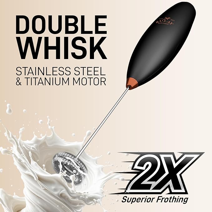 Zulay Kitchen Powerful Milk Frother Wand With Duracell Batteries - Ultra Fast Handheld Drink Mixer - Electric Whisk Foam Maker for Coffee, Lattes, Cappuccino & Matcha - Double Whisk - Black Copper