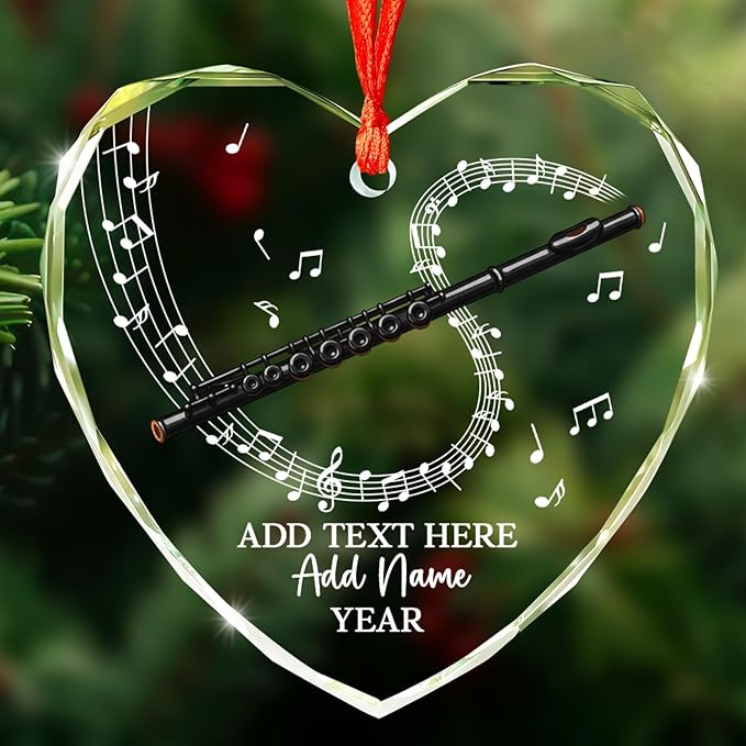 Personalized Flute Player Glass Ornament with Text Name & Year, Custom Flute Musical Instrument Xmas Ornaments 2026, Flutist Christmas Tree Ornament, Gift for Music Lover Student Friend