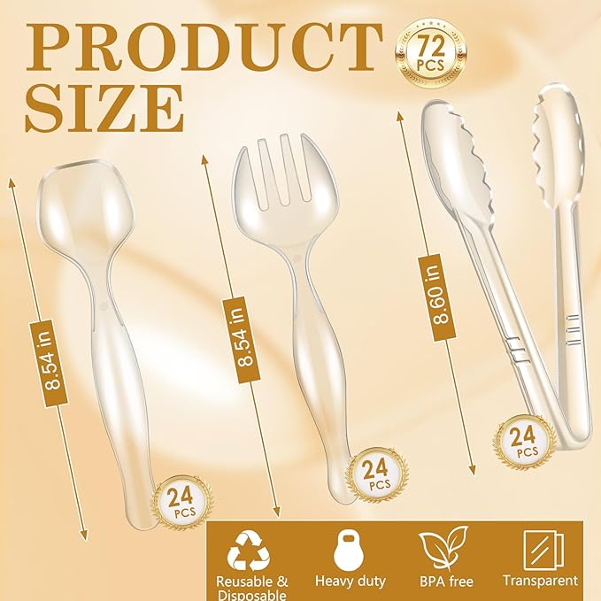 Mwellewm 72Pcs Serving Utensils Large Plastic Serving Utensils Set Serving Spoons for Buffet Clear Disposable Plastic Tongs 8.5'' Heavy Duty Slotted Spoons/Forks Supplies for Party Food Salad Soup
