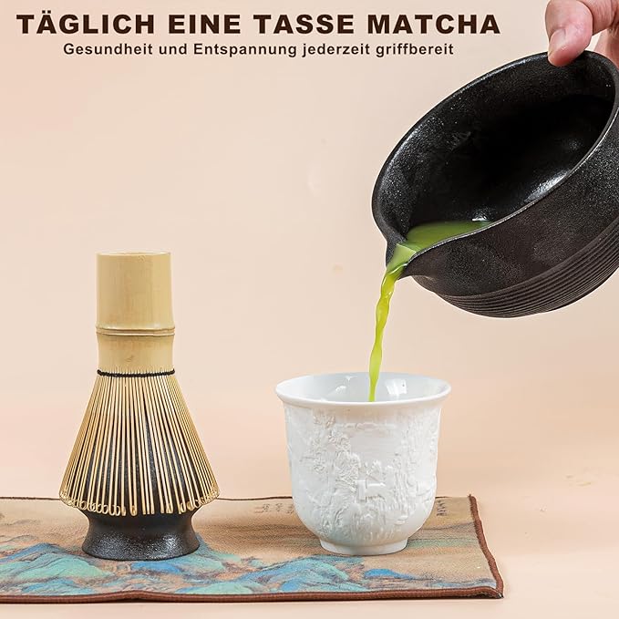 Matcha 7-Piece Set, Japanese Matcha Ceremony Kit with Chawan Bowl, Bamboo Whisk and Strainer, Great Gifts for Mom, Grandma, Wife, Women, Birthday, Mother’s Day, Graduation, Home Decor(Black)