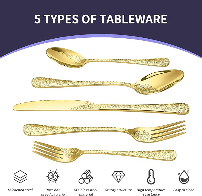 40 Pcs Gold Silverware Set for 8, Food Grade Stainless Steel Flatware Set, Eating Utensils Sets Include Fork/Knife/Spoon, Reusable Cutlery Set for Home Kitchen, Dishwasher Safe, Embossed pattern-1