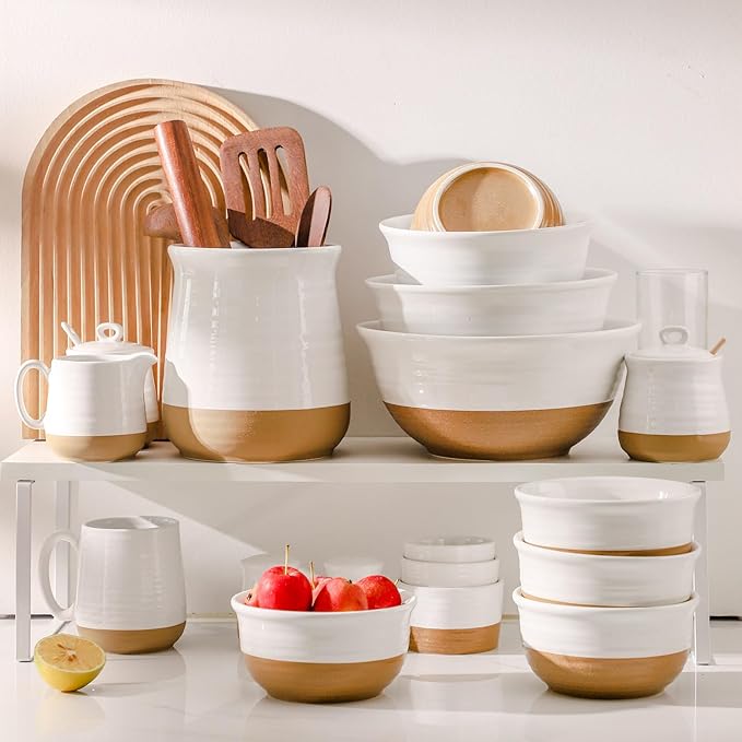HASENSE Ceramic Cereal Bowls, 20 OZ Soup Bowls for Kitchen, White Bowls Dishwasher and Microwave Safe, Stackable Bowl Set for Pasta Oatmeal Rice Ice Cream, Colorblocked Design Dessert Bowls, Set of 6