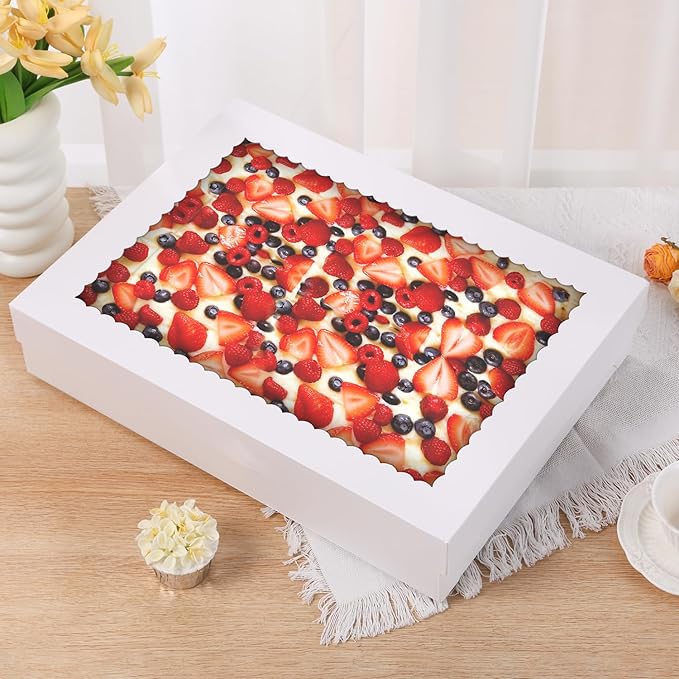 PFAMKEER 12pcs 19x14x4 inch Cake Boxes with Window，White Rectangle Sheet Large Bakery Boxes for Pastry Dessert Cake, Cupcakes Donuts Cookies Pie Treat Packaging