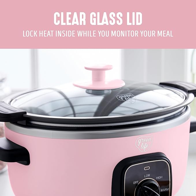 GreenLife 3.5QT Ceramic Nonstick Slow Cooker, Cooktop/Oven Safe, Pink