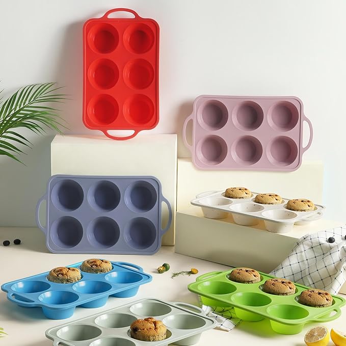 2 Packs 6 Cups Silicone Muffin Pan with Metal Reinforced Frame Jumbo Size Cupcake Pan Tray Egg Bites Silicone Circle Round Cookie Molds Muffin Tin Tall Tart Pans Baking Sheet Breakfast Sandwiches