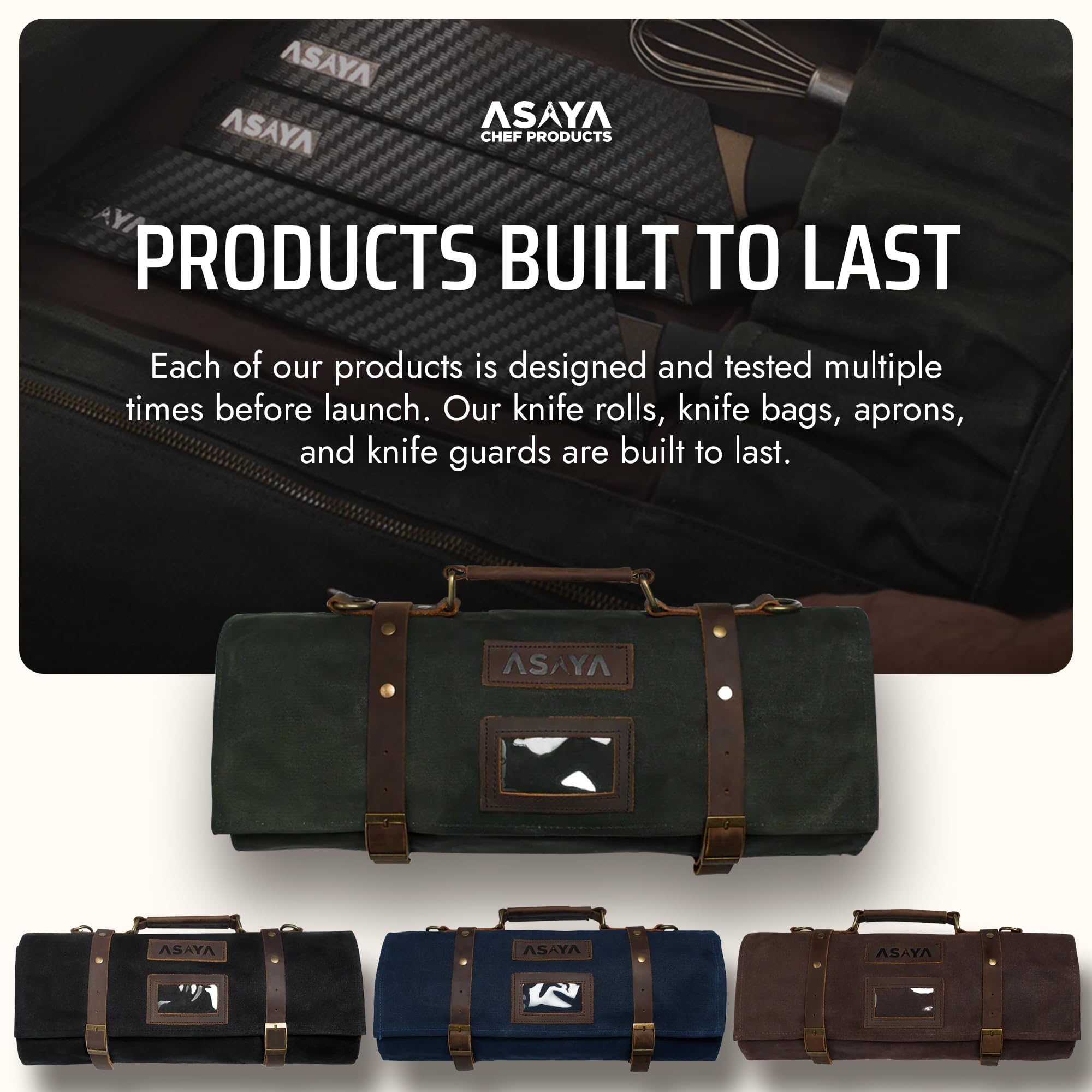 Asaya Waxed Canvas Knife Roll Bag - 15-Slot Chef Knife Bag with Leather Straps, Large Zippered Pocket and Card Holder - Carrying Case for Chefs and Culinary Students – Knives Not Included (Green)