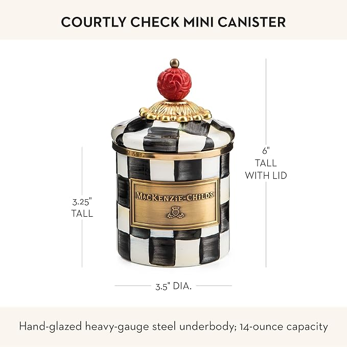 MACKENZIE-CHILDS Enamel Canister, Mini, Black-and-White Courtly Check