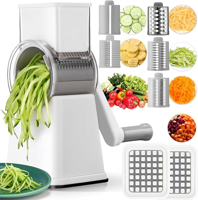 Leriton 6-in-1 Multifunctional Rotary Cheese Grater with 11 Blades Vegetable Shredder Food Shred Dice Slicer Chopper with Suction Base Rotating Handle Safety Push Cup for Kitchen Housewife Gift(White)