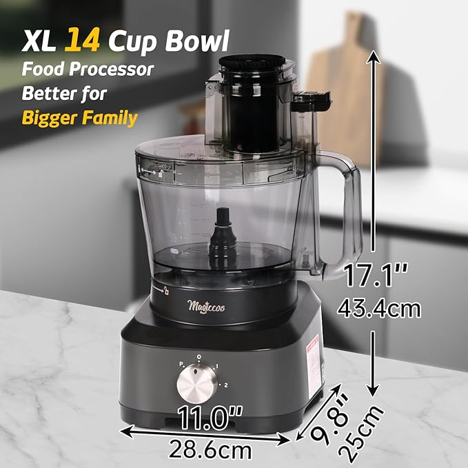 Magiccos 14-Cup French-Fry-Cutter Large Food-Processors - Large Feed Chute, Grey Color, Cheese Shredding, Meat Chopping, Shredding and Slicing, Mixing and Doughing, for Home Use