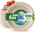 biocean 6 Inch Compostable Plates 100 Pack Heavy Duty Compostable Paper Plate, Disposable Eco-Friendly Sugarcane Bagasse Plate, Natural Brown Plates for Dinner, Dessert, and Weddings