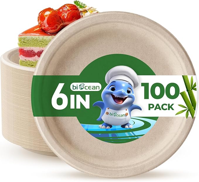 biocean 6 Inch Compostable Plates 100 Pack Heavy Duty Compostable Paper Plate, Disposable Eco-Friendly Sugarcane Bagasse Plate, Natural Brown Plates for Dinner, Dessert, and Weddings