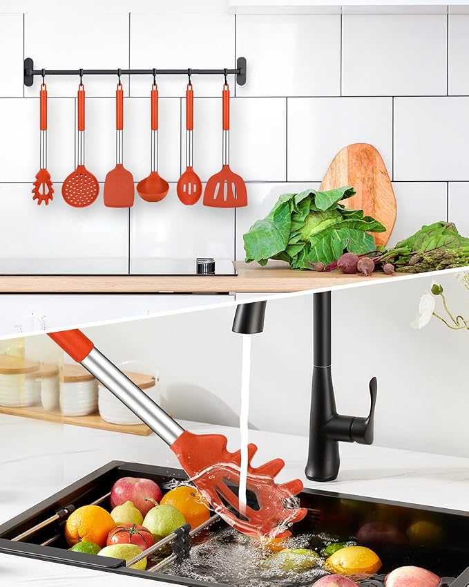Silicone Cooking Utensils Set, 8 Pcs Kitchen Utensils with Holder, Red