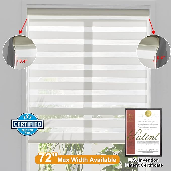 Persilux Cordless Zebra Blinds for Windows Free-Stop Roller Windows Shades Dual Layer Light Control for Day and Night, Light Filtering Sheer Shades for Home (27" W X 72" H, Cream)