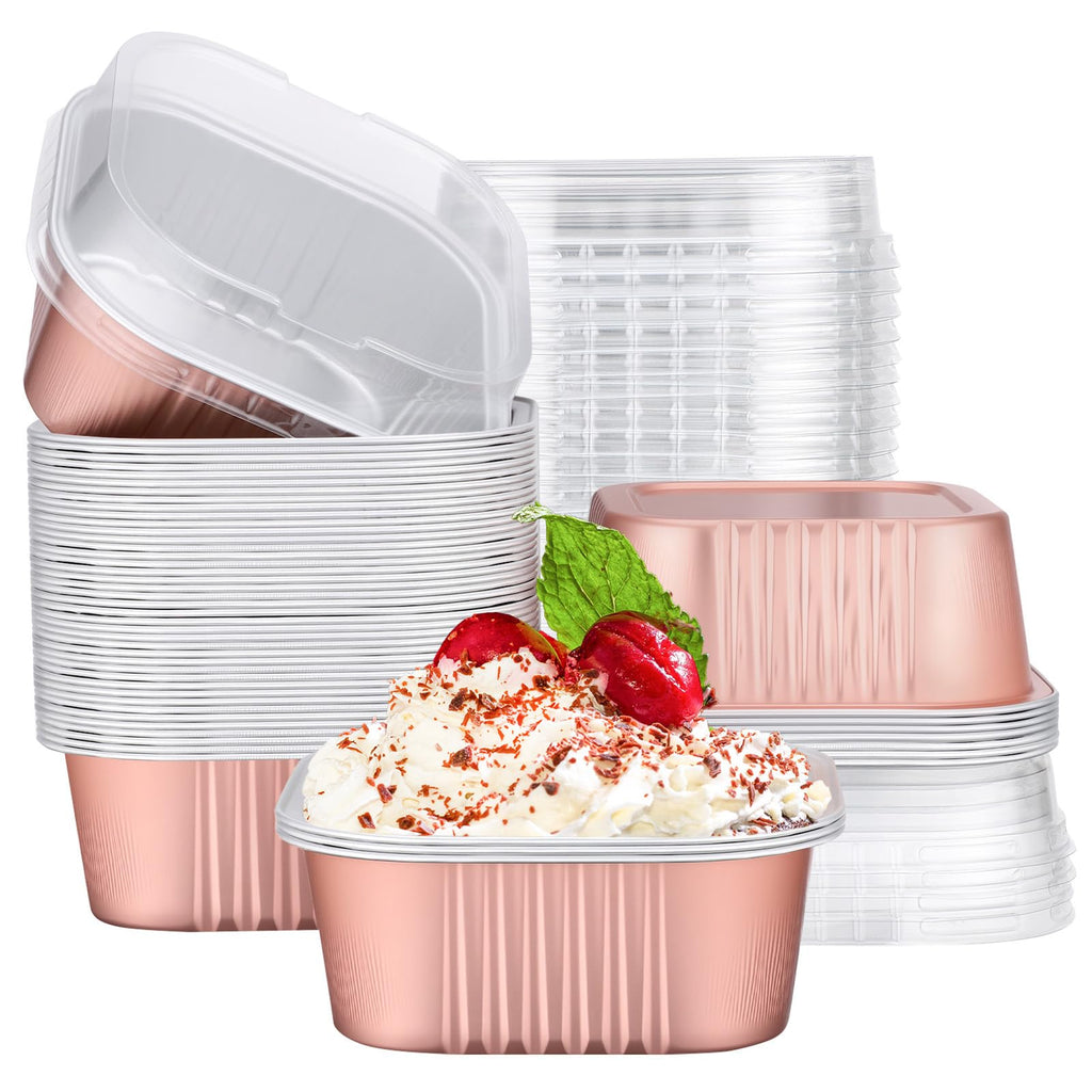 EUSOAR Disposable Ramekins, 50pcs 10oz Rose Gold Creme Brulee Ramekins Disposable Muffin Cups for Baking, Mini Cake Pans with Lids Loaf Bread Containers Cupcake Liners for Party Favor Birthday