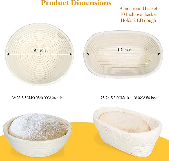 Banneton Bread Proofing Basket Set with Liners,9 Inch Round & 10 Inch Oval Sourdough Baking Kit for Professional & Home Use