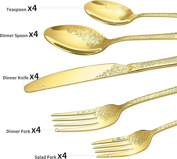 20 Pcs Gold Silverware Set for 4, Food Grade Stainless Steel Flatware Set, Eating Utensils Sets Include Fork/Knife/Spoon, Reusable Cutlery Set for Home Kitchen, Dishwasher Safe, Embossed pattern-1