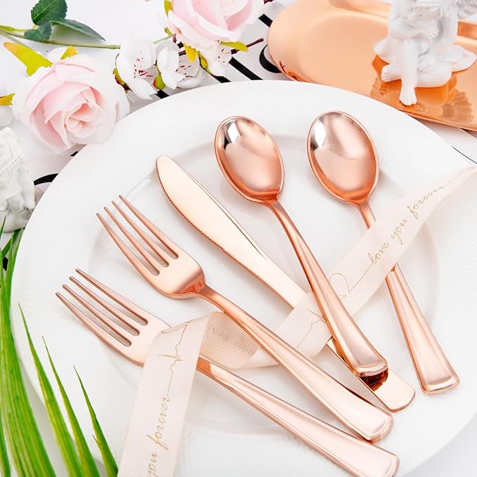 Liacere 100Pack Rose Gold Plastic Silverware - Pre Rolled Napkins with Rose Gold Cutlery - Wrapped Silverware Set Disposable100 Forks Knives Spoons Wrapped Utensils for Wedding ＆ Party