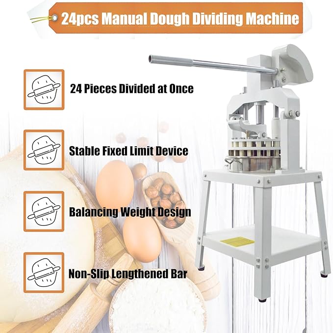 Yokoma Manual 24PCS Dough Divider Commercial 24pcs Dough Divider Manual Doughs Dividing Cutting Machine with 2 Stainless Steel Basin for Commercial Baking, 1.59-8.46oz(45-240g) Weight Range